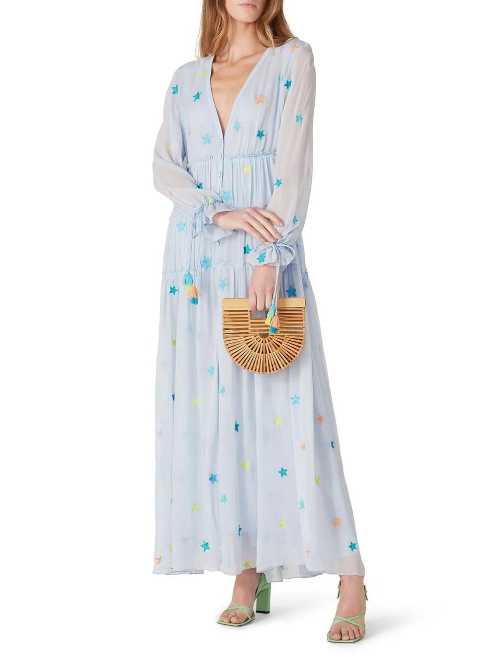 Rococo Sand Embroidered Colorful Star Long Sleeve Boho Maxi Dress Light Blue S